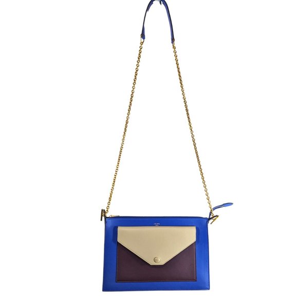Celine Tri-Color Blue Leather Envelope Pocket Clutch on a Gold Chain - Picture 2 of 14